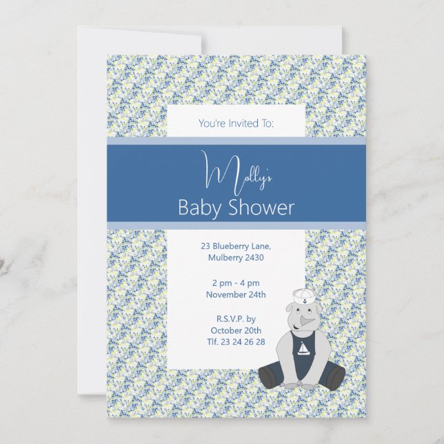 illusima Blue Blommigt Sailor Rhino Baby Shower Inbjudningar (Framsida)