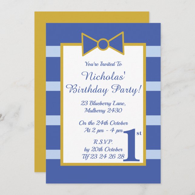 illusima Blue Rand Boys Guld Bow Födelsedagsfest Inbjudningar (Fram/baksida)