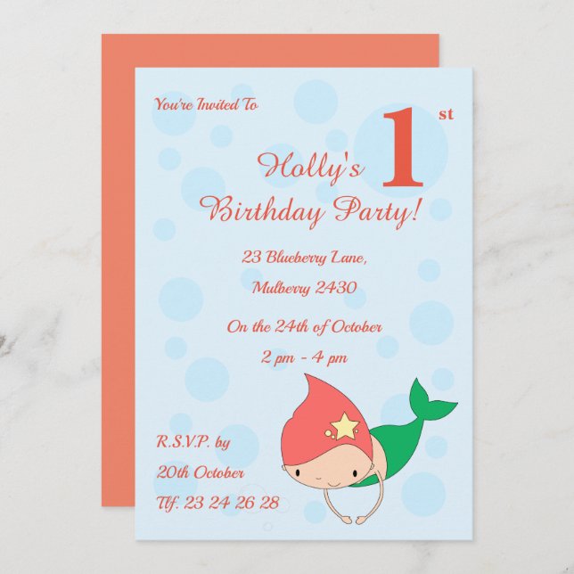 illusima Cotton Candy Sjöjungfru Girls 1:a födelse Inbjudningar (Fram/baksida)