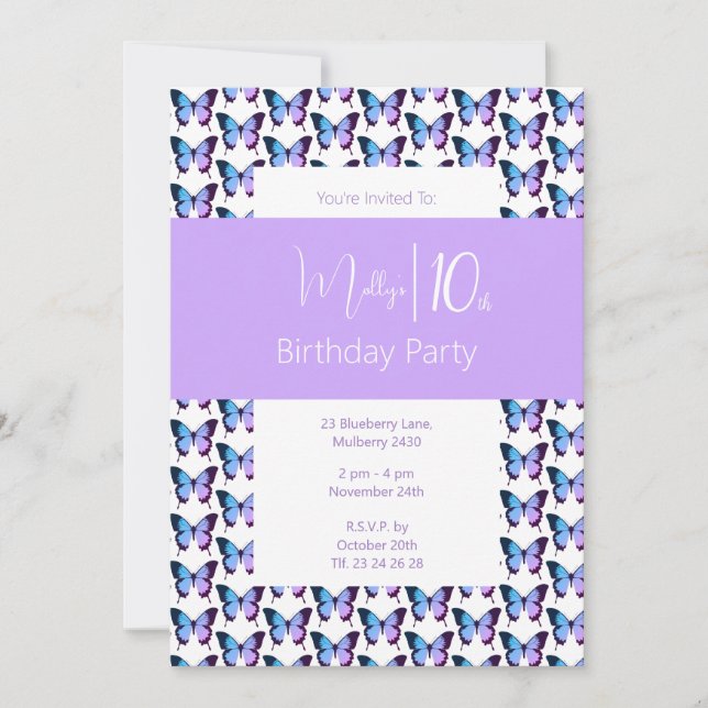 illusima Fjärilsmönster Lila 10-årsdag Inbjudningar (Framsida)