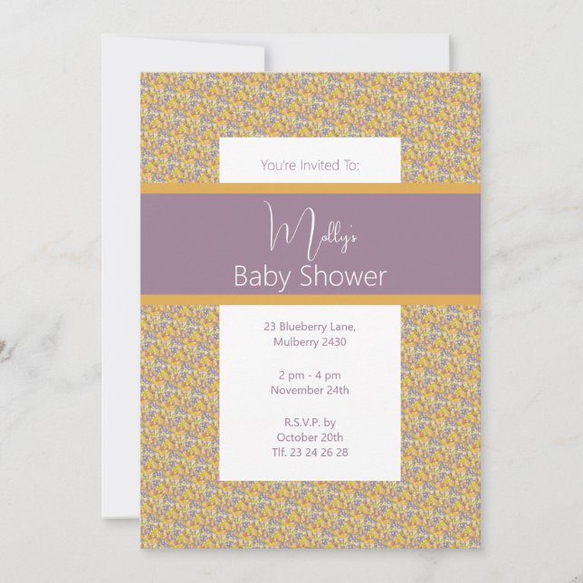 illusima Golden Lila Blommigt Baby Shower Inbjudningar (Framsida)