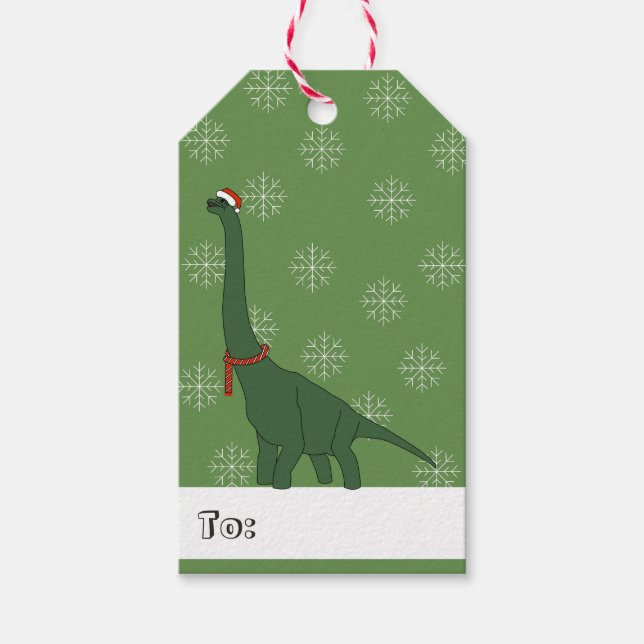 illusima Grön Dinosaurie Jul Snöflingor Presentetikett (Framsidan)