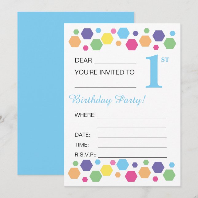 illusima Hexigons, Blue, 1st Birthday Party Inbjudningar (Fram/baksida)