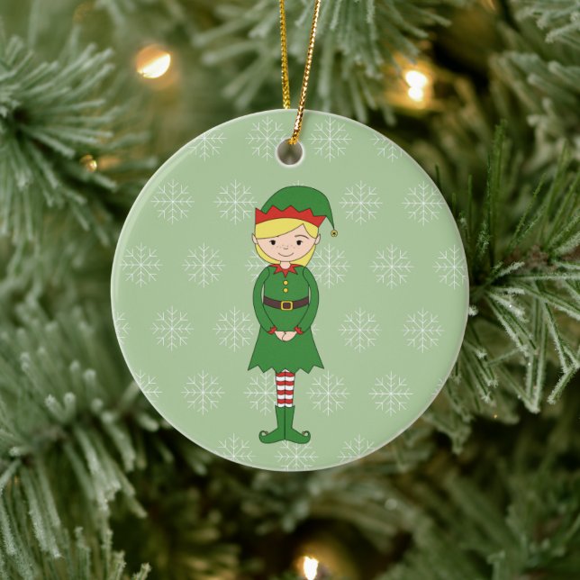 illusima jul tjej tomte snöflingor grön julgransprydnad keramik (Träd)