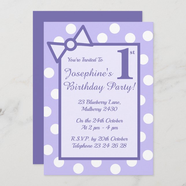 illusima Lila Bow & Spots Flick kalas Inbjudningar (Fram/baksida)