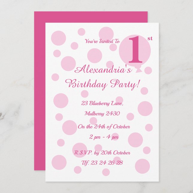 illusima Rosa Spots and Dots Girls Birthday Inbjudningar (Fram/baksida)