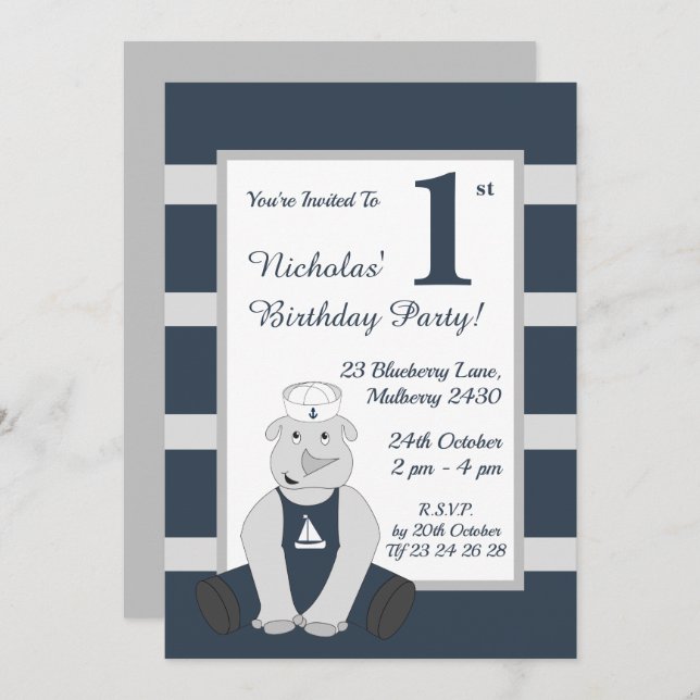illusima Sailor Rhino Boys Blue-Födelsedagsfest Inbjudningar (Fram/baksida)