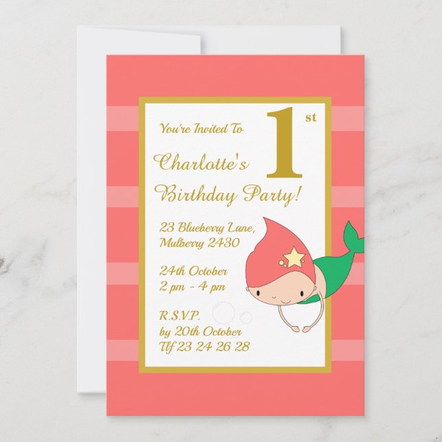 illusima Sjöjungfru Guld Flick kalas Inbjudningar (Framsida)