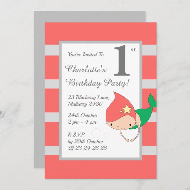 illusima Sjöjungfru Orange Flick kalas Inbjudningar (Fram/baksida)