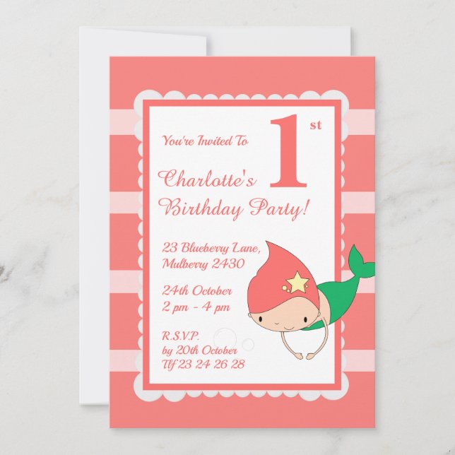 illusima Sjöjungfru Peach Pearls Flick kalas Inbjudningar (Framsida)