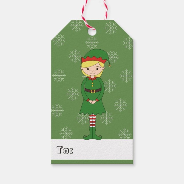 illusima Tjej Tomte Jul Snöflingor Grön Presentetikett (Framsidan)