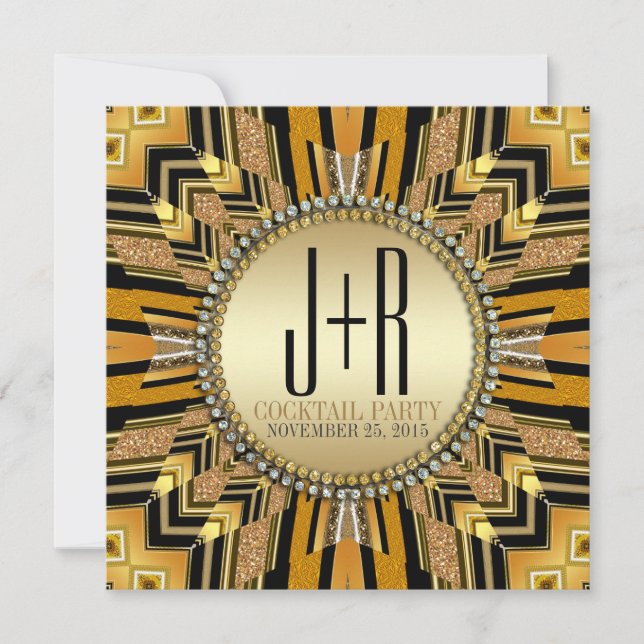 Illusion Art Deco Svart Guld Middag Inbjudan (Framsida)