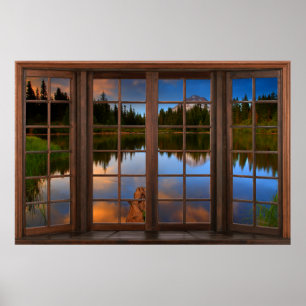 Illusion i sjö och bergsområden i Faux-fönstret Poster