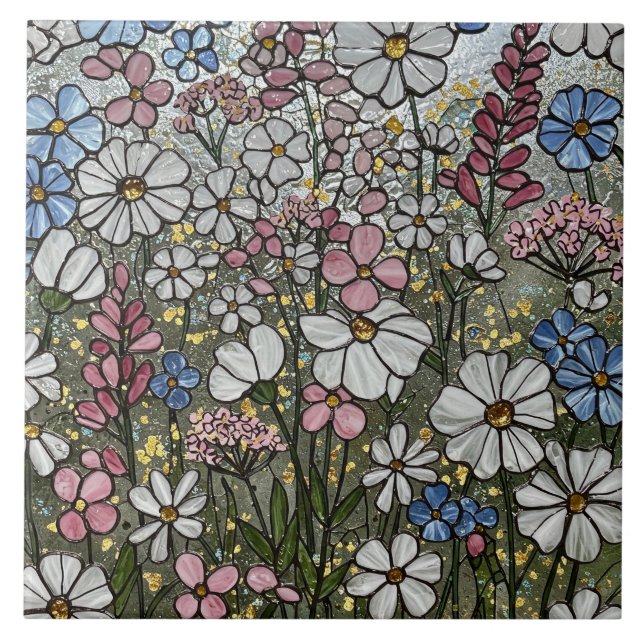 Illusion på fastlagat glas av vilda blommor kakelplatta (Framsidan)