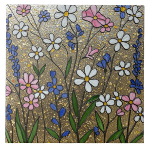 Illusion på fastlagat glas av vilda blommor kakelplatta