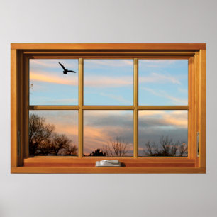 Illusion på flygande fågelsilhouette-träfönster poster
