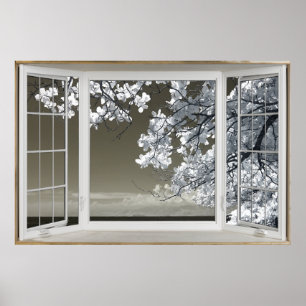 Illusionen i fake Window - Ominous White Blommar V Poster