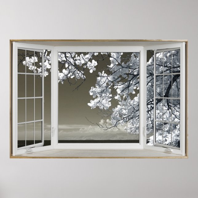 Illusionen i fake Window - Ominous White Blommar V Poster (Framsidan)