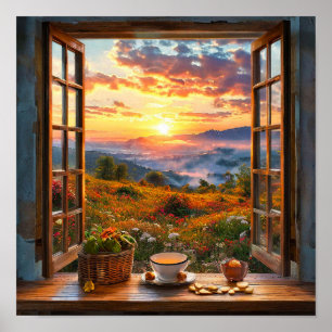 Illusionsfönster Landskap Natur Scenografi Väggdek Poster