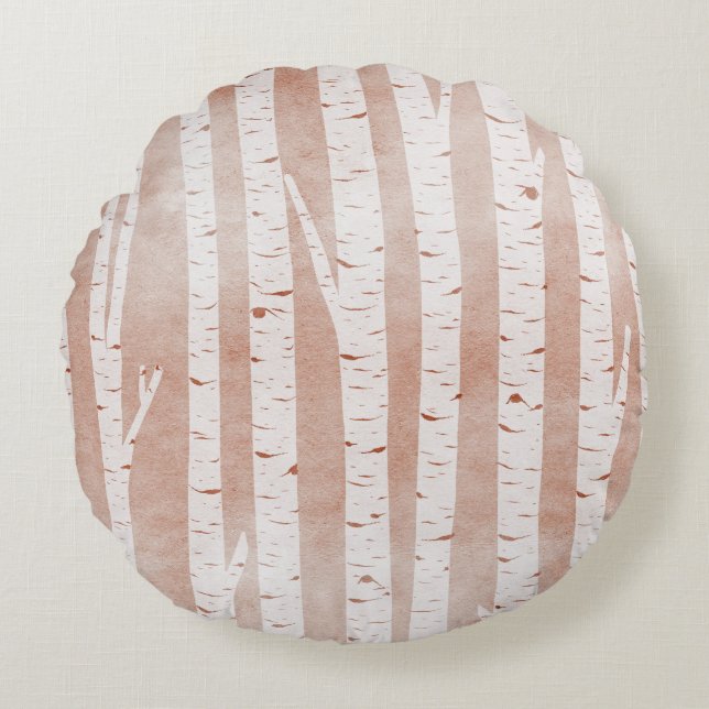 Illustrated Birch Träd Rund Kudde (Framsidan)