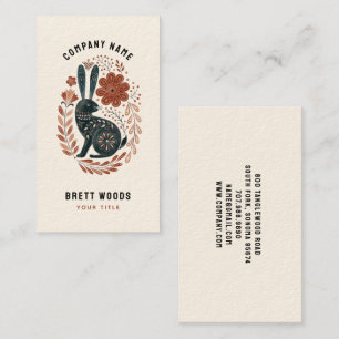 Illustrated Black Rabbit Blommigt Folk Art Visitkort