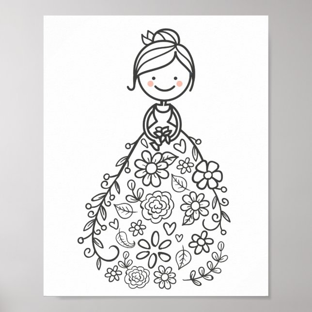Illustrated Bröllop Bride Coloring Page Poster (Framsidan)