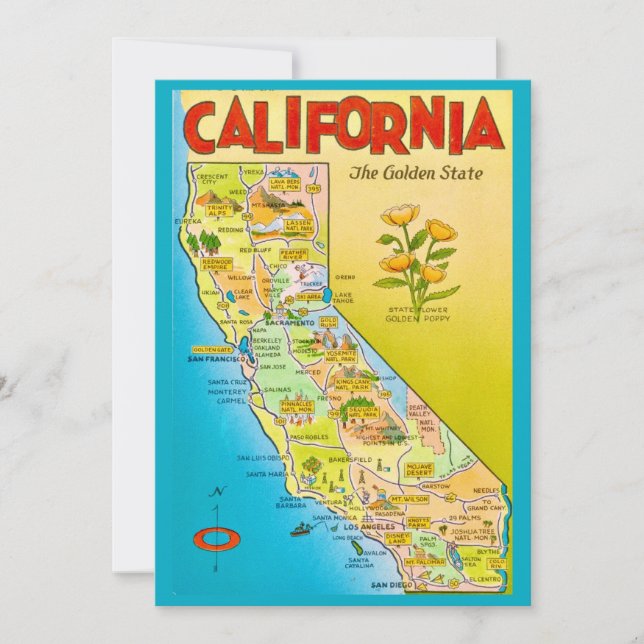 Illustrated California State 5x7 Big Postcard Tack Kort (Framsida)