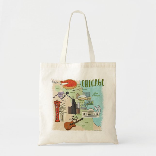 Illustrated Chicago Karta Tote Bag Tygkasse (Framsidan)