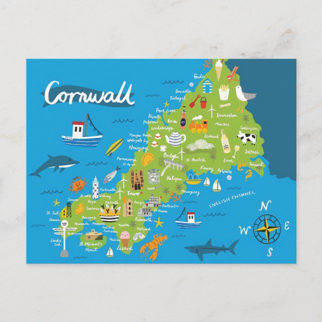 Illustrated Cornwall Karta Vykort (Framsida)