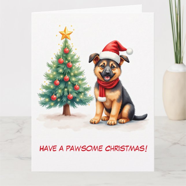 Illustrated German Shepherd och Julgran Kort (Framsida)
