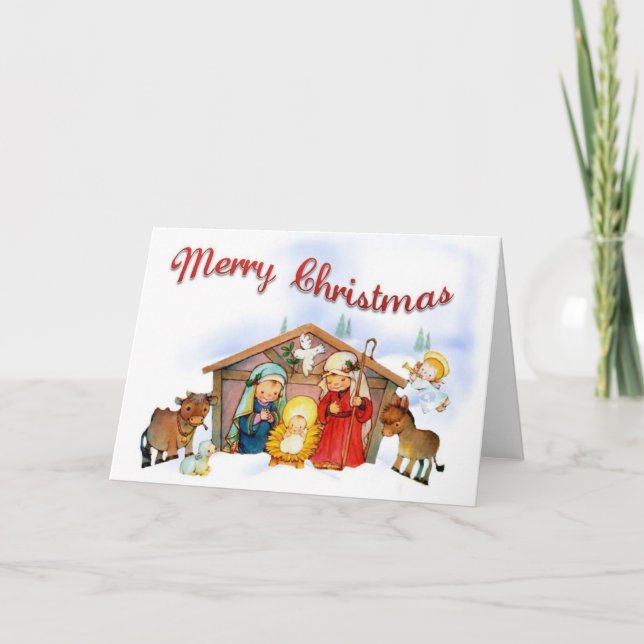 Illustrated God jul Manger Helgkort (Framsida)