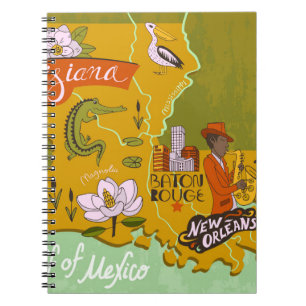 Illustrated karta i Louisiana, USA. Resor och övni Anteckningsbok