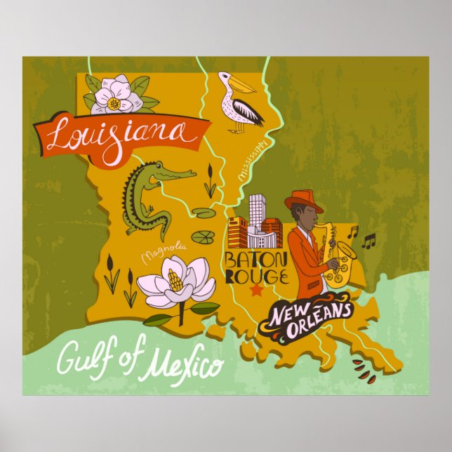 Illustrated karta i Louisiana, USA. Resor och övni Poster (Framsidan)
