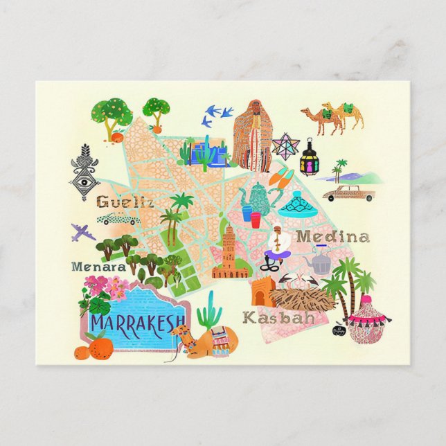 Illustrated Karta i Marrakech Vykort (Framsida)
