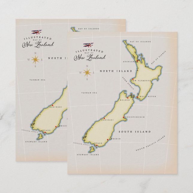 Illustrated karta i Nya Zeeland (Fram/baksida)