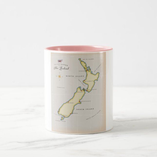 Illustrated karta i Nya Zeeland Två-Tonad Mugg (Center)