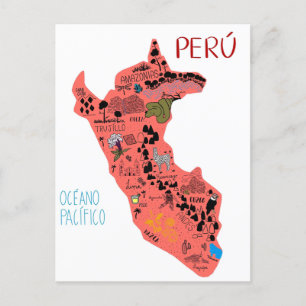 Illustrated Karta i Peru Vykort