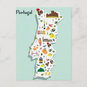 Illustrated Karta i Portugal Vykort