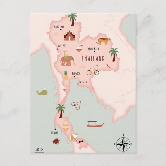 Illustrated karta i Thailand Vykort (Framsida)