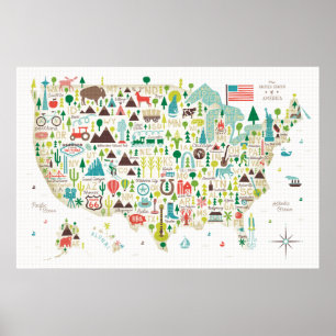 Illustrated Karta i USA Poster