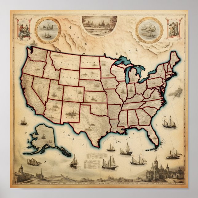 Illustrated Karta i USA Poster (Framsidan)