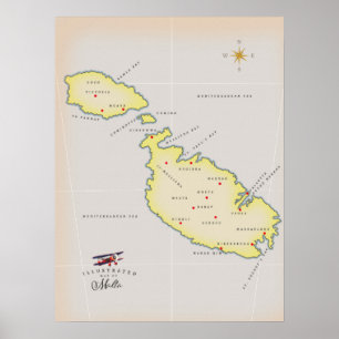 Illustrated karta of Malta Poster