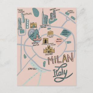 Illustrated karta of Milan City - Italien Vykort