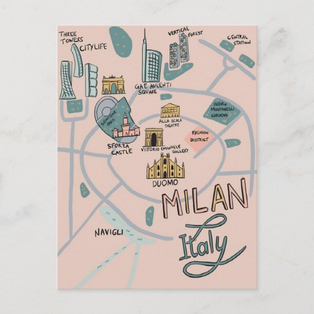 Illustrated karta of Milan City - Italien Vykort (Framsida)