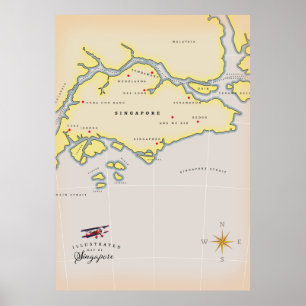 Illustrated karta of Singapore Poster