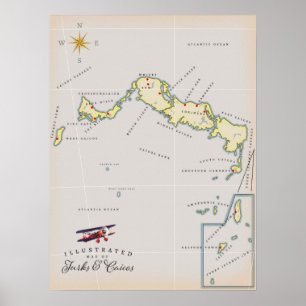 Illustrated karta of Turks and Caicos karta Poster