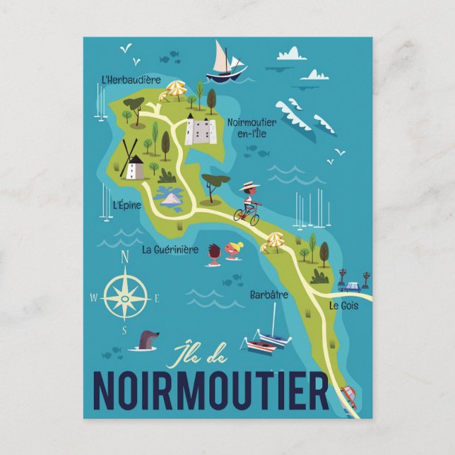 Illustrated Karta på Noirmoutier Island Vykort (Framsida)