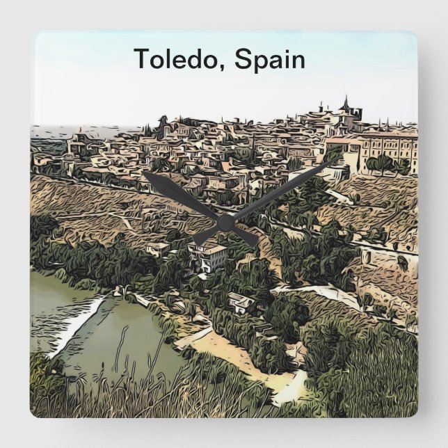 Illustrated Ligcape Art of Toledo, Spanien Fyrkantig Klocka (Framsida)
