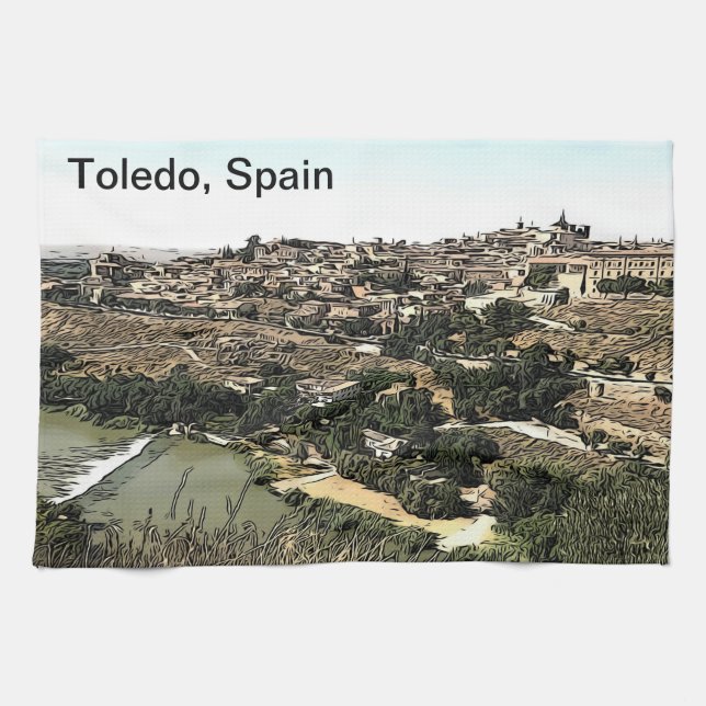 Illustrated Ligcape Art of Toledo, Spanien Kökshandduk (Horisontell)