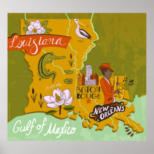 Illustrated Louisiana karta: resmarkeringar. Poster